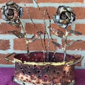 Vintage Antique Copper Brass Artistic Handmade Sculpture Basket with Roses